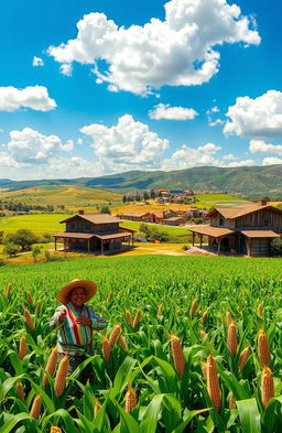 A vibrant and colorful depiction of a traditional Mexican landscape featuring lush green maize fields extending to the horizon, under a bright blue sky dotted with fluffy white clouds