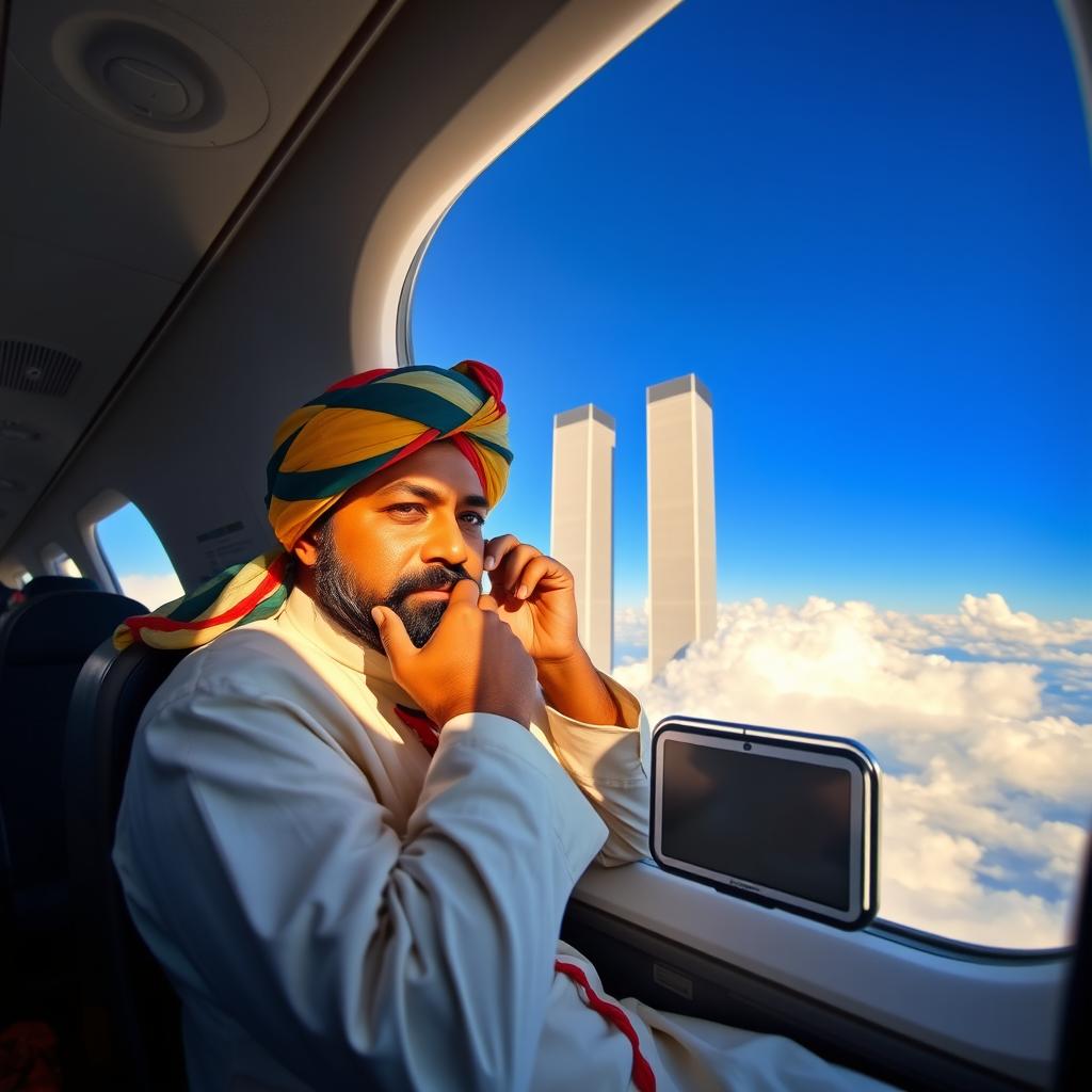 A Muslim man wearing a traditional attire with a colorful turban is seated in an airplane, flying towards the iconic twin towers of the World Trade Center