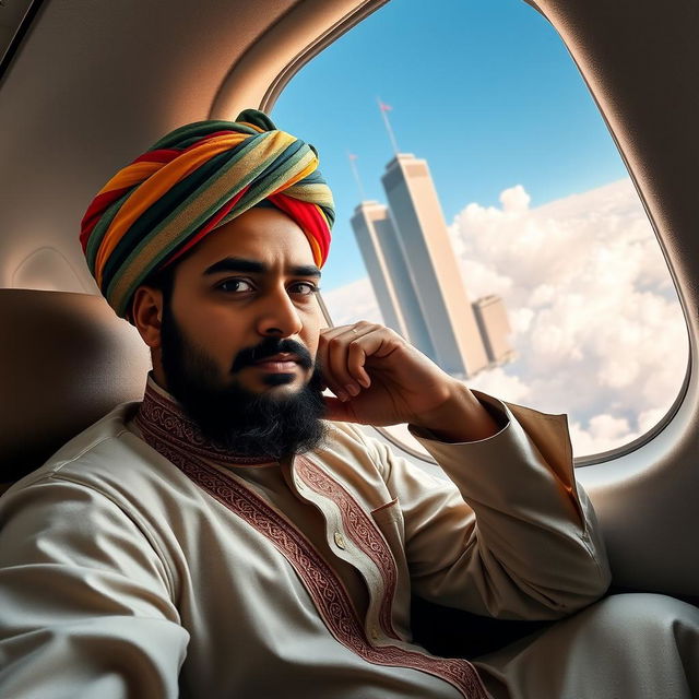 A Muslim man wearing a traditional attire with a colorful turban is seated in an airplane, flying towards the iconic twin towers of the World Trade Center