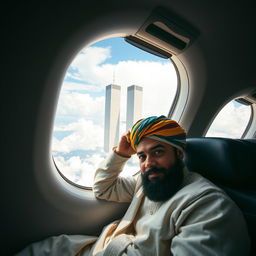 A Muslim man wearing a traditional attire with a colorful turban is seated in an airplane, flying towards the iconic twin towers of the World Trade Center