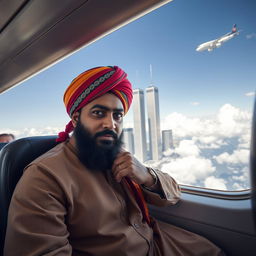 A Muslim man wearing a traditional attire with a colorful turban is seated in an airplane, flying towards the iconic twin towers of the World Trade Center