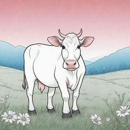 An aesthetic, child-friendly line art illustration of a happy cow grazing in a meadow with vibrant, cartoon-style background colors. The cow is left uncolored, ready for coloring.