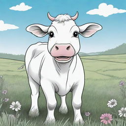 An aesthetic, child-friendly line art illustration of a happy cow grazing in a meadow with vibrant, cartoon-style background colors. The cow is left uncolored, ready for coloring.