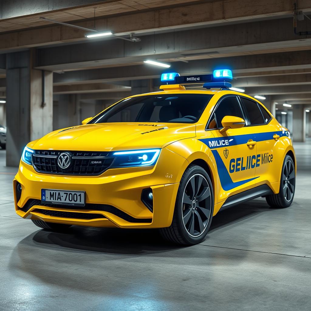 A futuristic concept sedan car, designed with sleek lines and high-tech features, resembling a Soviet-style police car in a striking yellow color