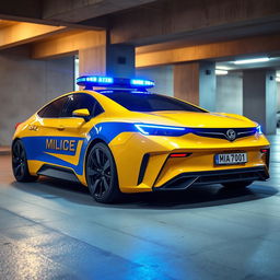 A futuristic concept sedan car, designed with sleek lines and high-tech features, resembling a Soviet-style police car in a striking yellow color