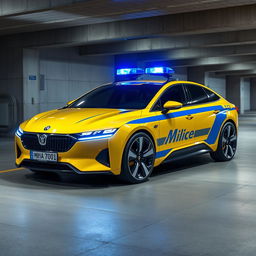 A futuristic concept sedan car, designed with sleek lines and high-tech features, resembling a Soviet-style police car in a striking yellow color