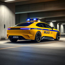 A futuristic concept sedan car, designed with sleek lines and high-tech features, resembling a Soviet-style police car in a striking yellow color