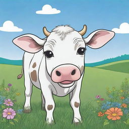 An aesthetic, child-friendly line art illustration of a happy cow grazing in a meadow with vibrant, cartoon-style background colors. The cow is left uncolored, ready for coloring.