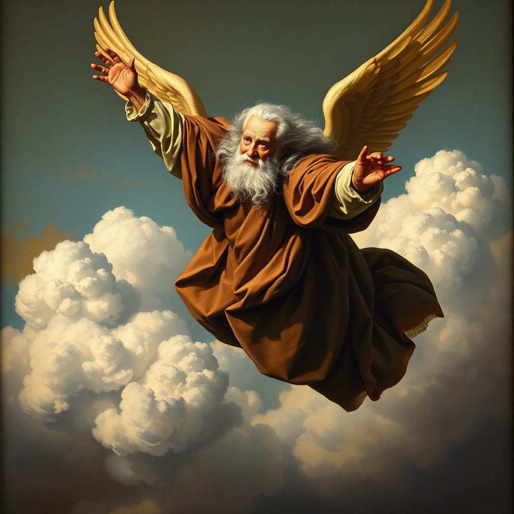 An elderly man soaring through the air, wearing a flowing cape and featuring long, white hair that billows behind him