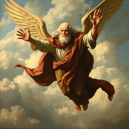 An elderly man soaring through the air, wearing a flowing cape and featuring long, white hair that billows behind him