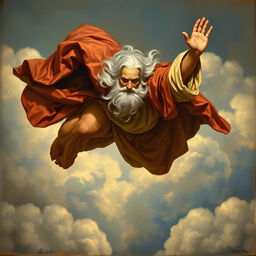 An elderly man soaring through the air, wearing a flowing cape and featuring long, white hair that billows behind him