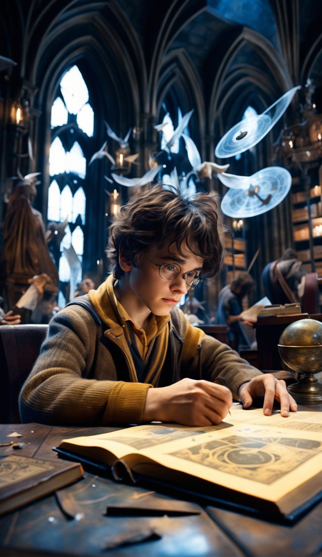 Ultra HD image of a 12-year-old brunette Hufflepuff boy in the Hogwarts castle library, looking down at his astrology homework in confusion, with invisible Wrackspurts swarming like gnats around his head, captured in side profile, in the style of 'Harry Potter' and 'Fantastic Beasts and Where to Find Them'.