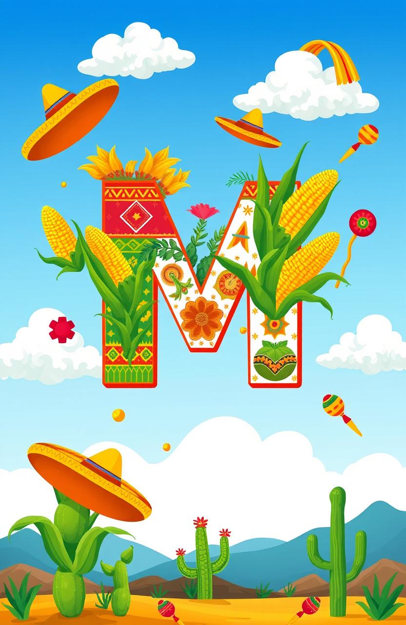 A vibrant and colorful illustration representing the letter 'M' symbolizing Mexico and maize