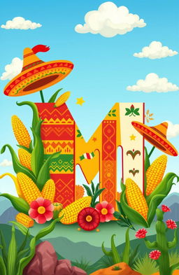 A vibrant and colorful illustration representing the letter 'M' symbolizing Mexico and maize