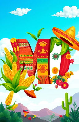 A vibrant and colorful illustration representing the letter 'M' symbolizing Mexico and maize