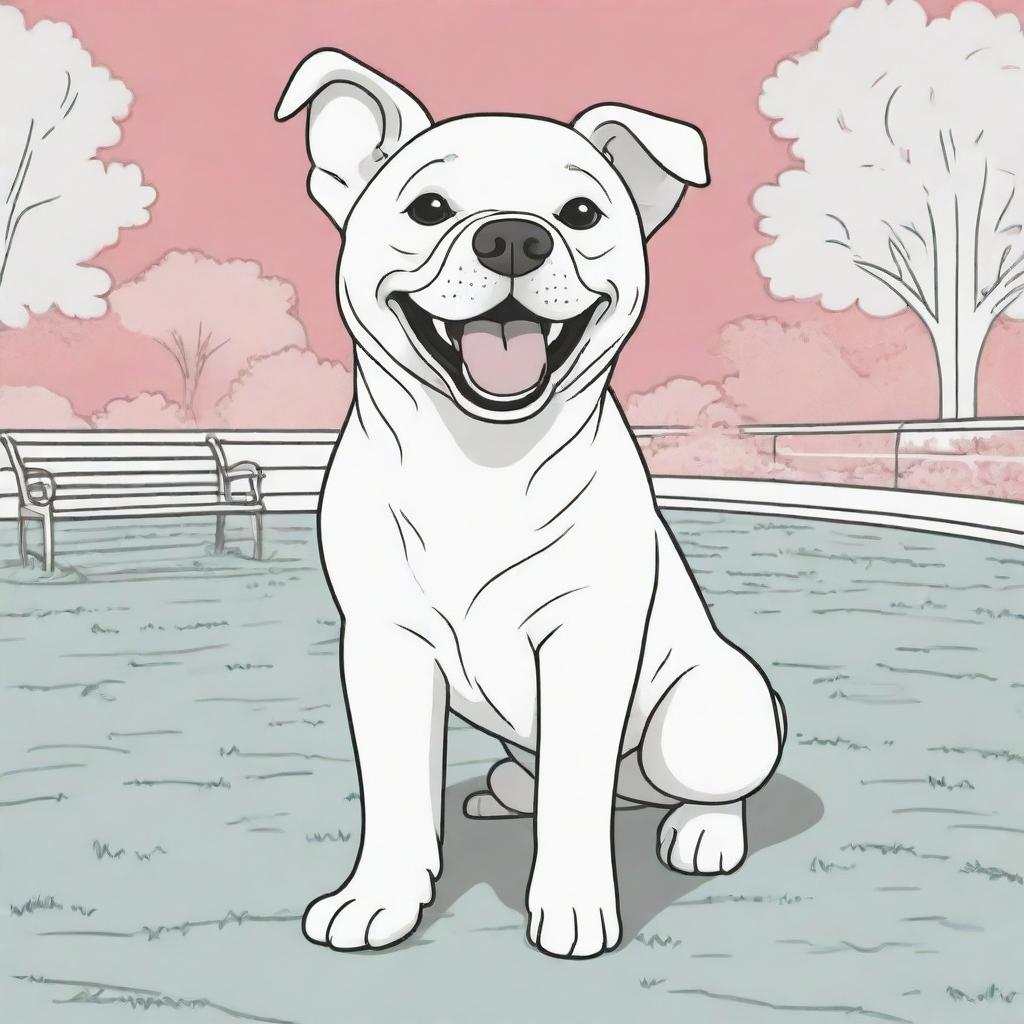 An aesthetic, child-friendly line art illustration of a playful dog in a park with vibrant, cartoon-style background colors. The dog is left uncolored, ready for coloring.