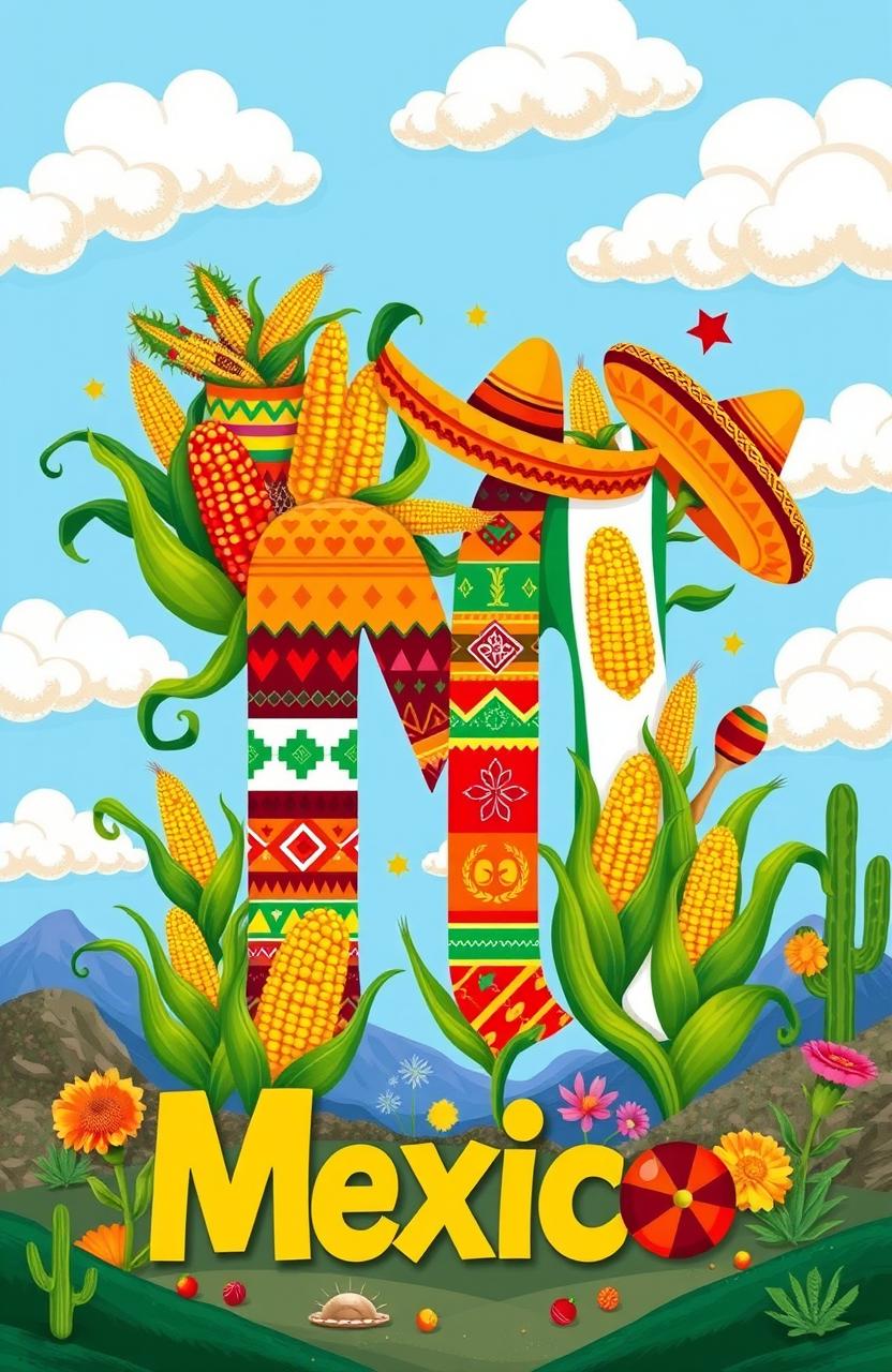 A vibrant and colorful illustration representing the letter 'M' symbolizing Mexico and maize