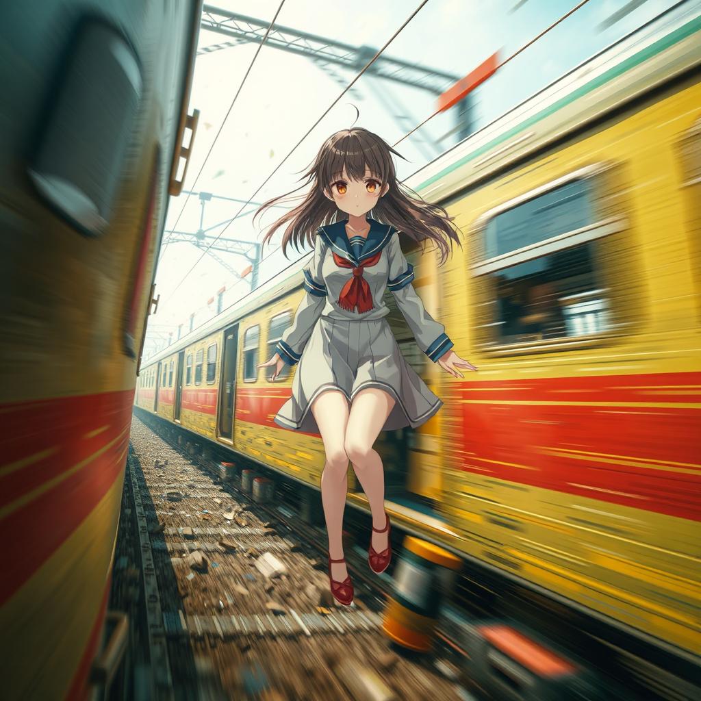 A dramatic depiction showcasing a severe train accident scenario, featuring a stylized, fictional Japanese schoolgirl character