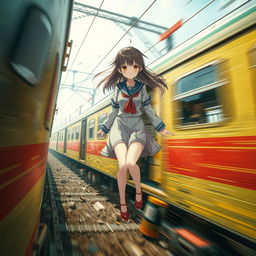 A dramatic depiction showcasing a severe train accident scenario, featuring a stylized, fictional Japanese schoolgirl character