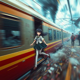 A dramatic depiction showcasing a severe train accident scenario, featuring a stylized, fictional Japanese schoolgirl character