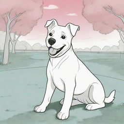 An aesthetic, child-friendly line art illustration of a playful dog in a park with vibrant, cartoon-style background colors. The dog is left uncolored, ready for coloring.