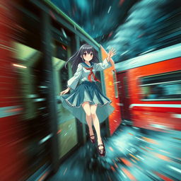 A dramatic depiction showcasing a severe train accident scenario, featuring a stylized, fictional Japanese schoolgirl character