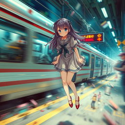 A dramatic depiction showcasing a severe train accident scenario, featuring a stylized, fictional Japanese schoolgirl character