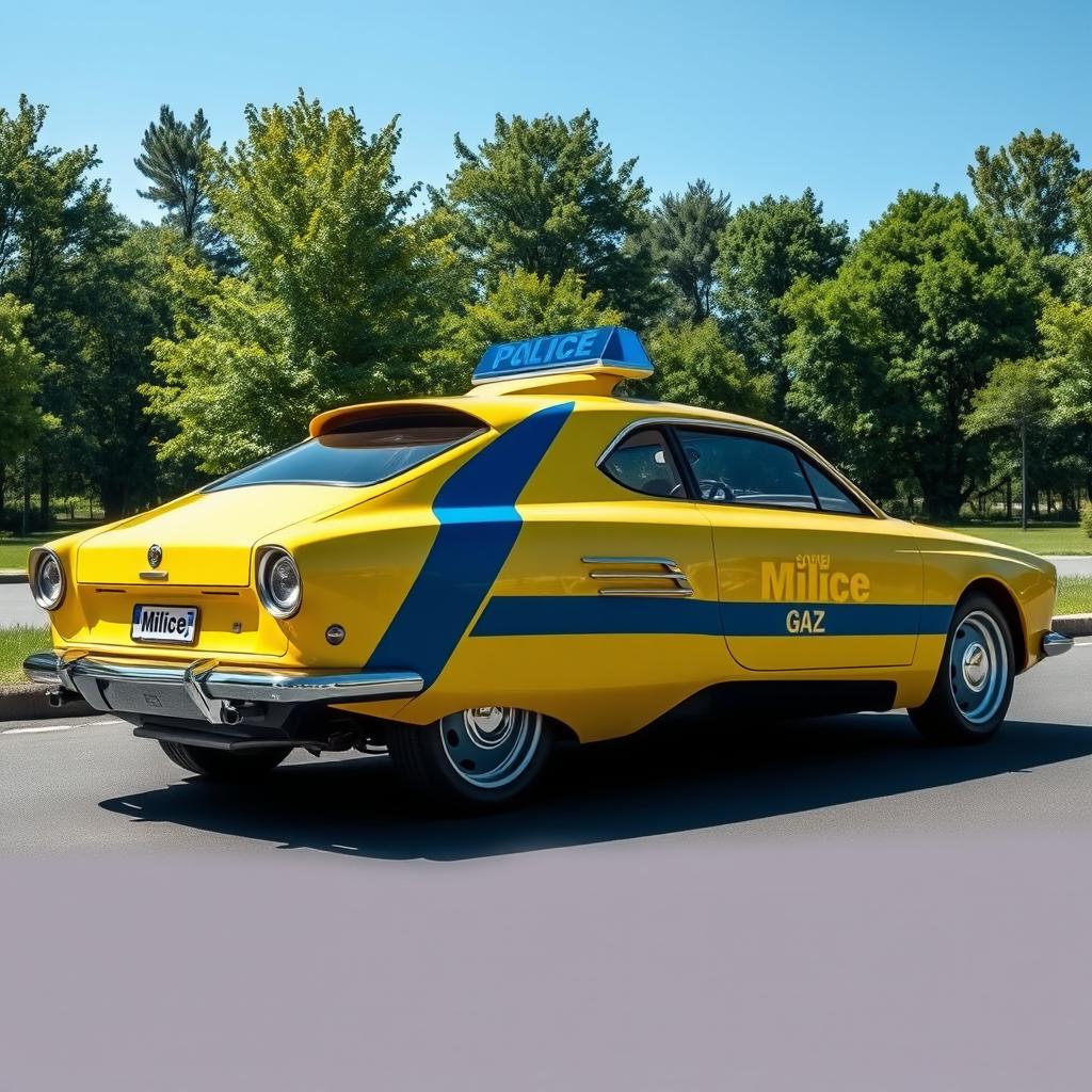 A futuristic concept sedan designed to resemble a Soviet yellow police car, featuring a prominent blue stripe and the word 'Milice' inscribed on the side