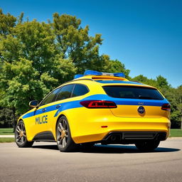 A futuristic concept sedan designed to resemble a Soviet yellow police car, featuring a prominent blue stripe and the word 'Milice' inscribed on the side