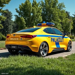 A futuristic concept sedan designed to resemble a Soviet yellow police car, featuring a prominent blue stripe and the word 'Milice' inscribed on the side