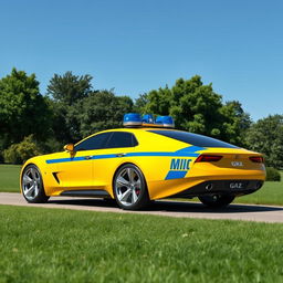 A futuristic concept sedan designed to resemble a Soviet yellow police car, featuring a prominent blue stripe and the word 'Milice' inscribed on the side