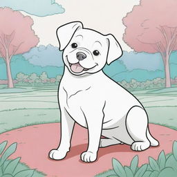 An aesthetic, child-friendly line art illustration of a playful dog in a park with vibrant, cartoon-style background colors. The dog is left uncolored, ready for coloring.