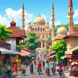 An animated scene depicting the vibrant city of Cirebon, Indonesia, showing its unique blend of traditional culture and modern life