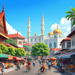 An animated scene depicting the vibrant city of Cirebon, Indonesia, showing its unique blend of traditional culture and modern life