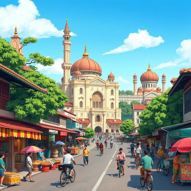 An animated scene depicting the vibrant city of Cirebon, Indonesia, showing its unique blend of traditional culture and modern life