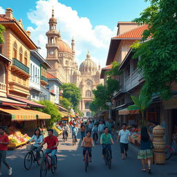 An animated scene depicting the vibrant city of Cirebon, Indonesia, showing its unique blend of traditional culture and modern life