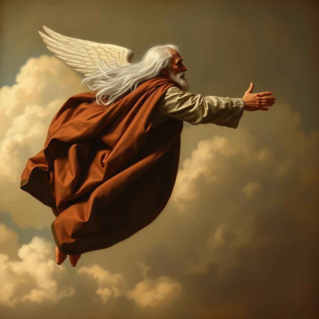 An elderly man soaring through the air without wings, adorned in a flowing cape, with long white hair that streams behind him