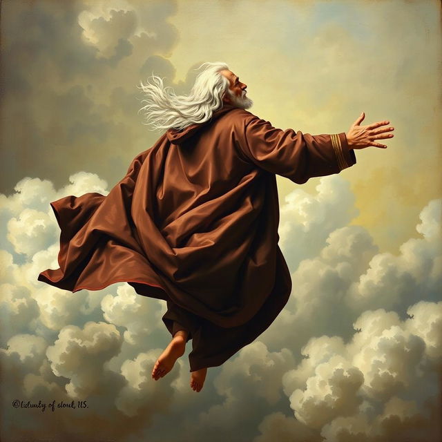 An elderly man soaring through the air without wings, adorned in a flowing cape, with long white hair that streams behind him