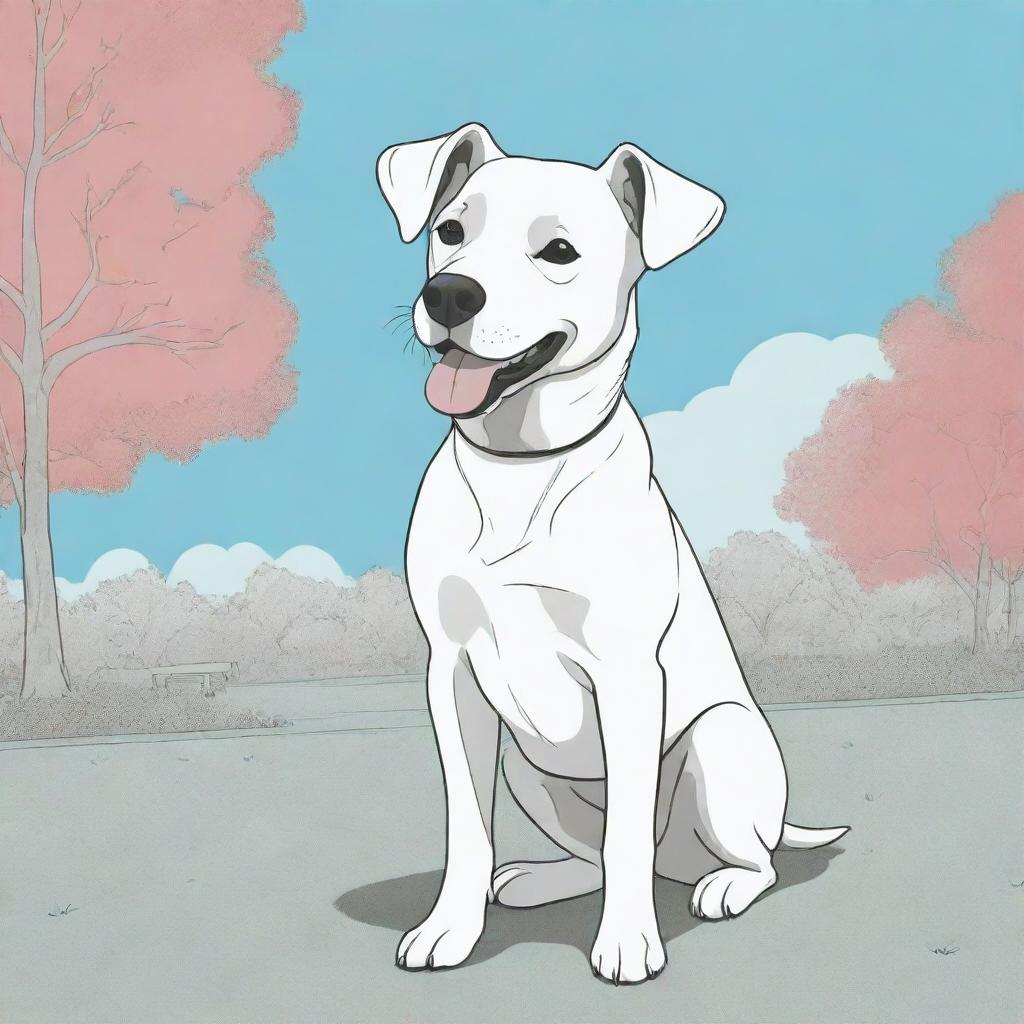 An aesthetic, child-friendly line art illustration of a playful dog in a park with vibrant, cartoon-style background colors. The dog is left uncolored, ready for coloring.