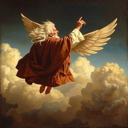 An elderly man soaring through the air without wings, adorned in a flowing cape, with long white hair that streams behind him