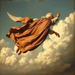 An elderly man soaring through the air without wings, adorned in a flowing cape, with long white hair that streams behind him