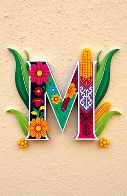 The letter 'M' artistically represented using motifs from Mexico and maize