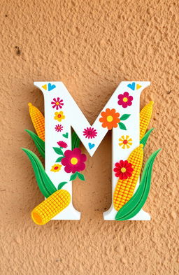 The letter 'M' artistically represented using motifs from Mexico and maize