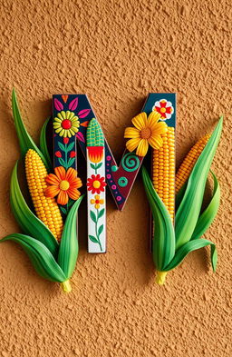 The letter 'M' artistically represented using motifs from Mexico and maize