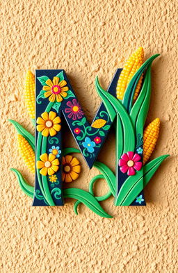 The letter 'M' artistically represented using motifs from Mexico and maize