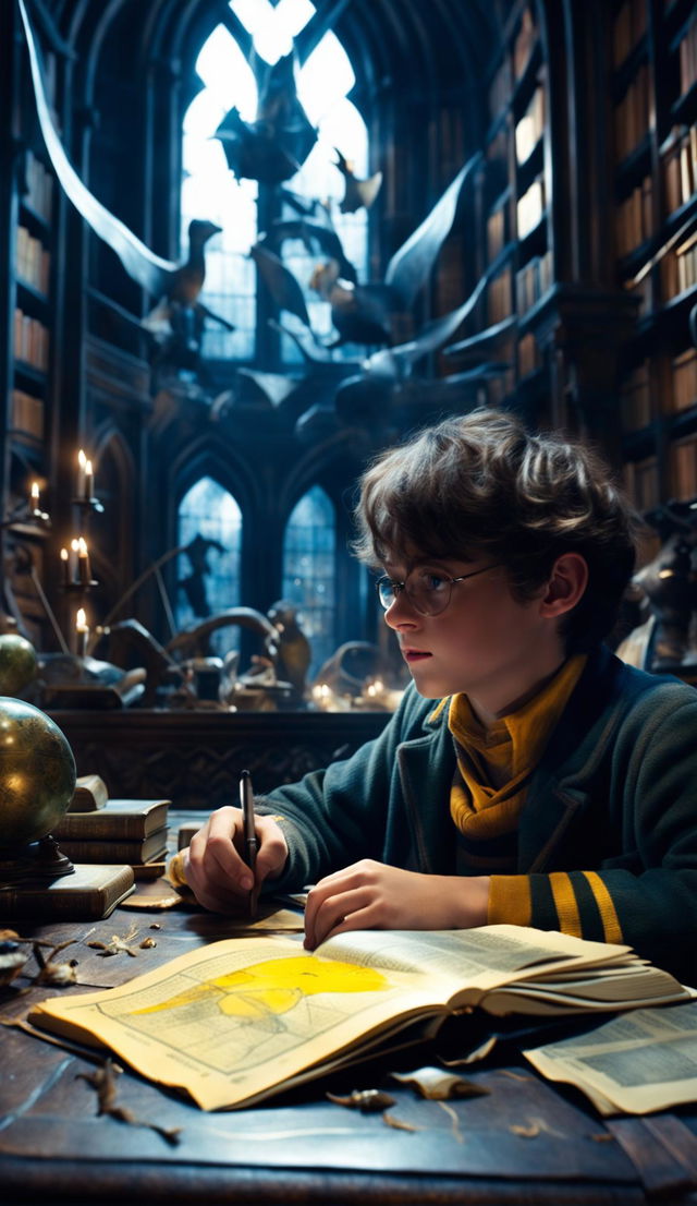 Ultra HD image of a 12-year-old brunette Hufflepuff boy in the Hogwarts castle library, looking down at his astrology homework in confusion, with small invisible Wrackspurts swarming like gnats around his head, captured in side profile, in the style of 'Harry Potter' and 'Fantastic Beasts and Where to Find Them'.