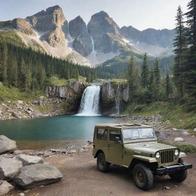 A serene campsite nestled near a crystal clear lake with a towering mountain featuring a cascading waterfall in the background. A vintage Jeep Willys is parked nearby, adding a touch of adventure.