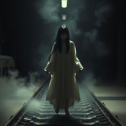 A chilling scene inspired by the Japanese legend of Teke Teke, featuring a ghostly girl with long black hair and a white kimono, appearing in a haunting way following a train accident