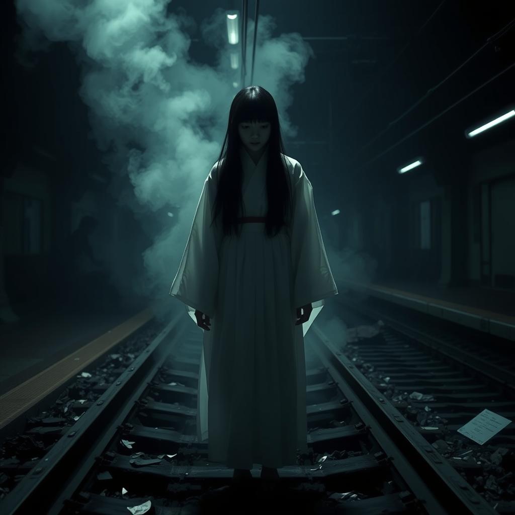 A chilling scene inspired by the Japanese legend of Teke Teke, featuring a ghostly girl with long black hair and a white kimono, appearing in a haunting way following a train accident