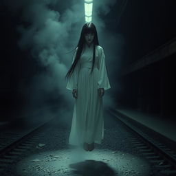 A chilling scene inspired by the Japanese legend of Teke Teke, featuring a ghostly girl with long black hair and a white kimono, appearing in a haunting way following a train accident